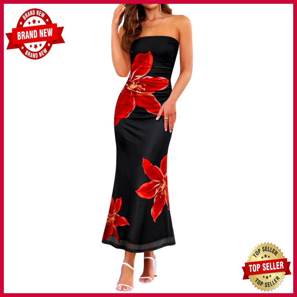 Boho Floral Strapless Maxi Dress Off Shoulder Bodycon Beach Party Elegant